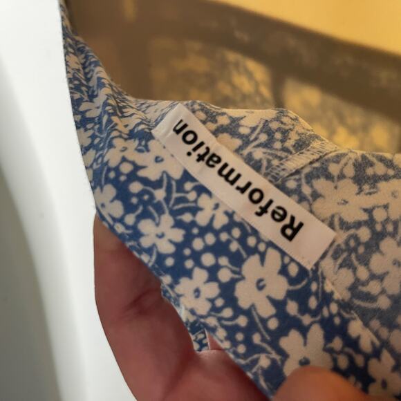 Reformation two piece set in floral blue crop button down top high rise pants 2 - Picture 10 of 11